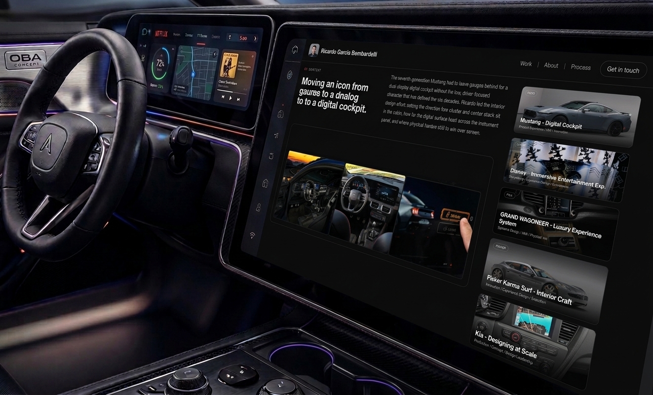 Digital cockpit concept showing the portfolio interface on a widescreen automotive display